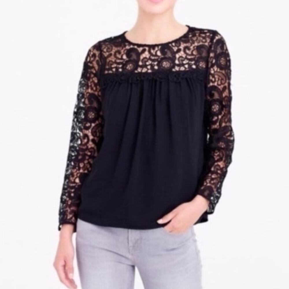 J. Crew Factory Black Knit Lace Sheer‎ Flowy Long Sleeve Top (S)